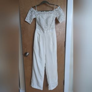 Neha Chopra Tandon off the shoulder embroidered jumpsuit in white (XS)